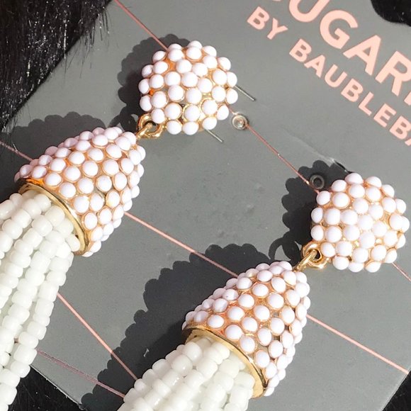 Boho Earrings Tassel Bead Drop Posts White Gold - Picture 2 of 5